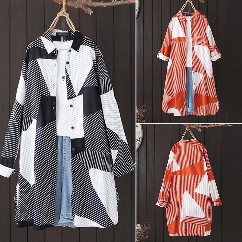 ZANZEA Damen Kurzarm Rundhals Bluse Shirts Retro Hochwertig Gestreift Hemd Tops