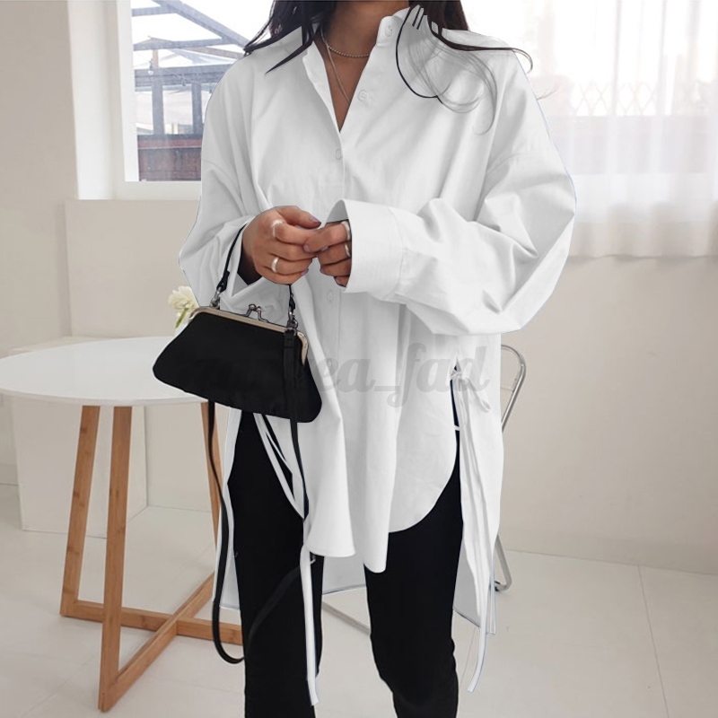 Camicia bassa da donna Regno Unito manica lunga colletto abbottonato alto orlo diviso top camicetta - Foto 11 di 12