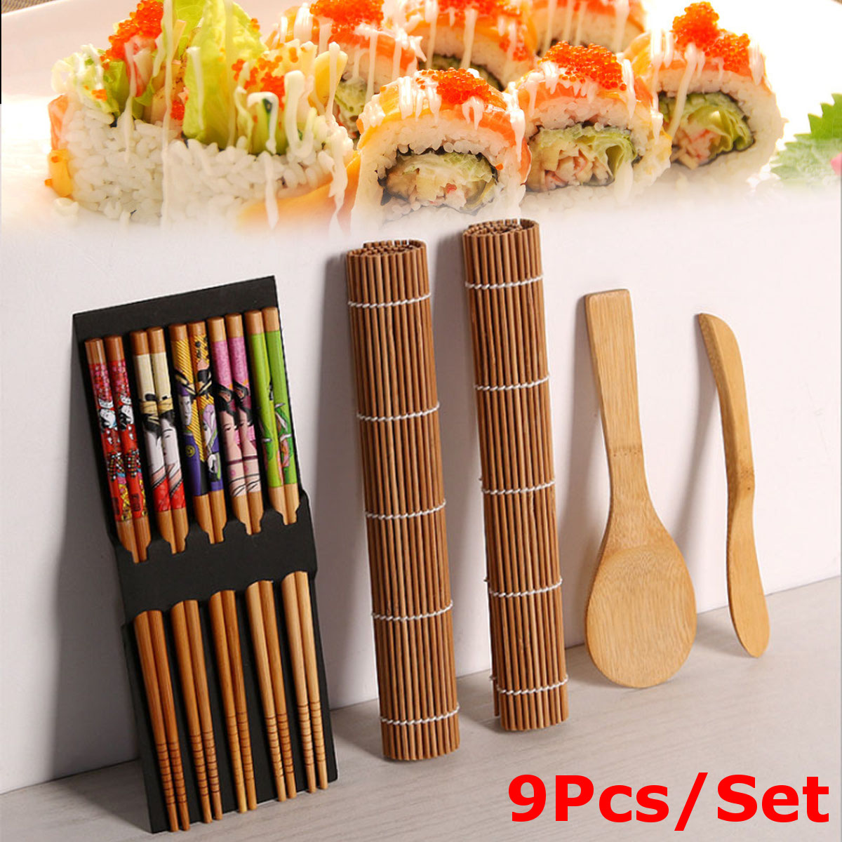 Diy Bamboo Sushi Making Kit 2 Rolling Mats 5 Pairs Chopsticks Rice