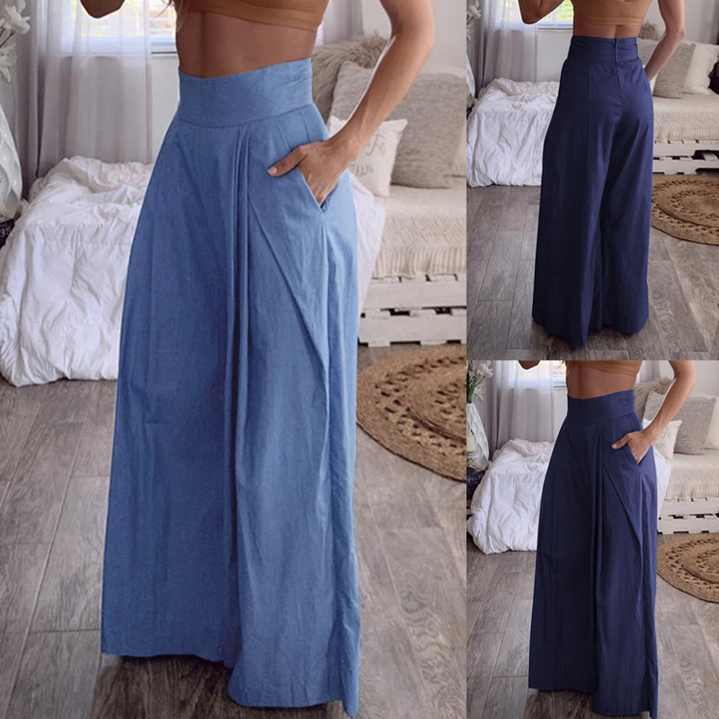 Womens High Waist Cotton Chino Wide Leg Pants Casual Loose Harem Baggy Trousers