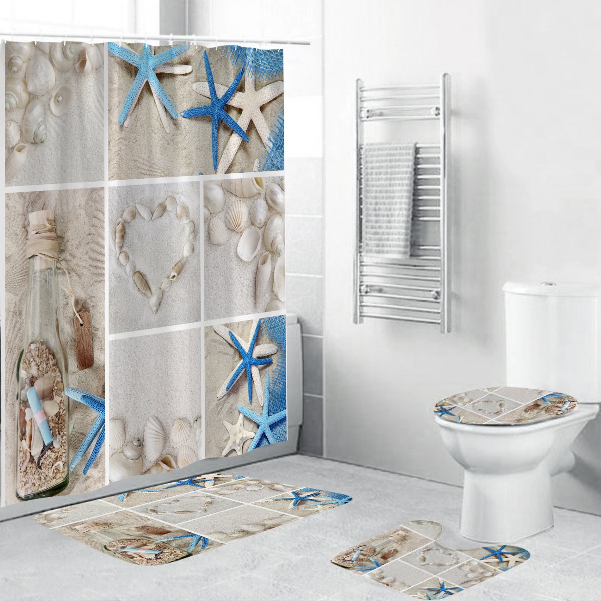 4 Pcs Home Bathroom Bath Mat Set Rug Toilet Lid Cover Sandy Beach