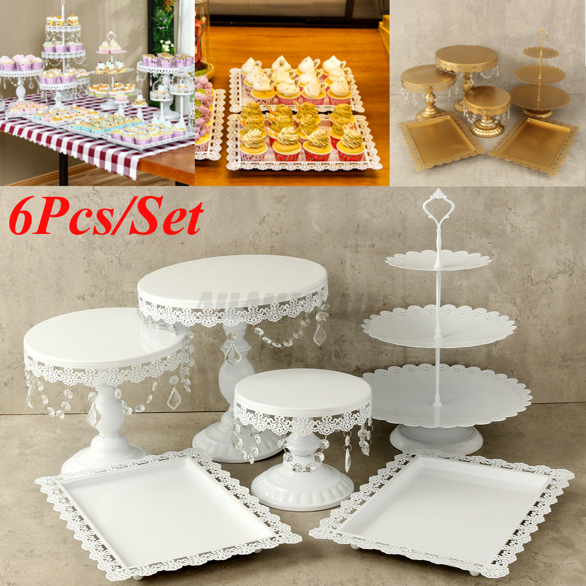 Details About 6pc Set White Gold Crystal Cake Stand Display Dessert Holder Wedding Party