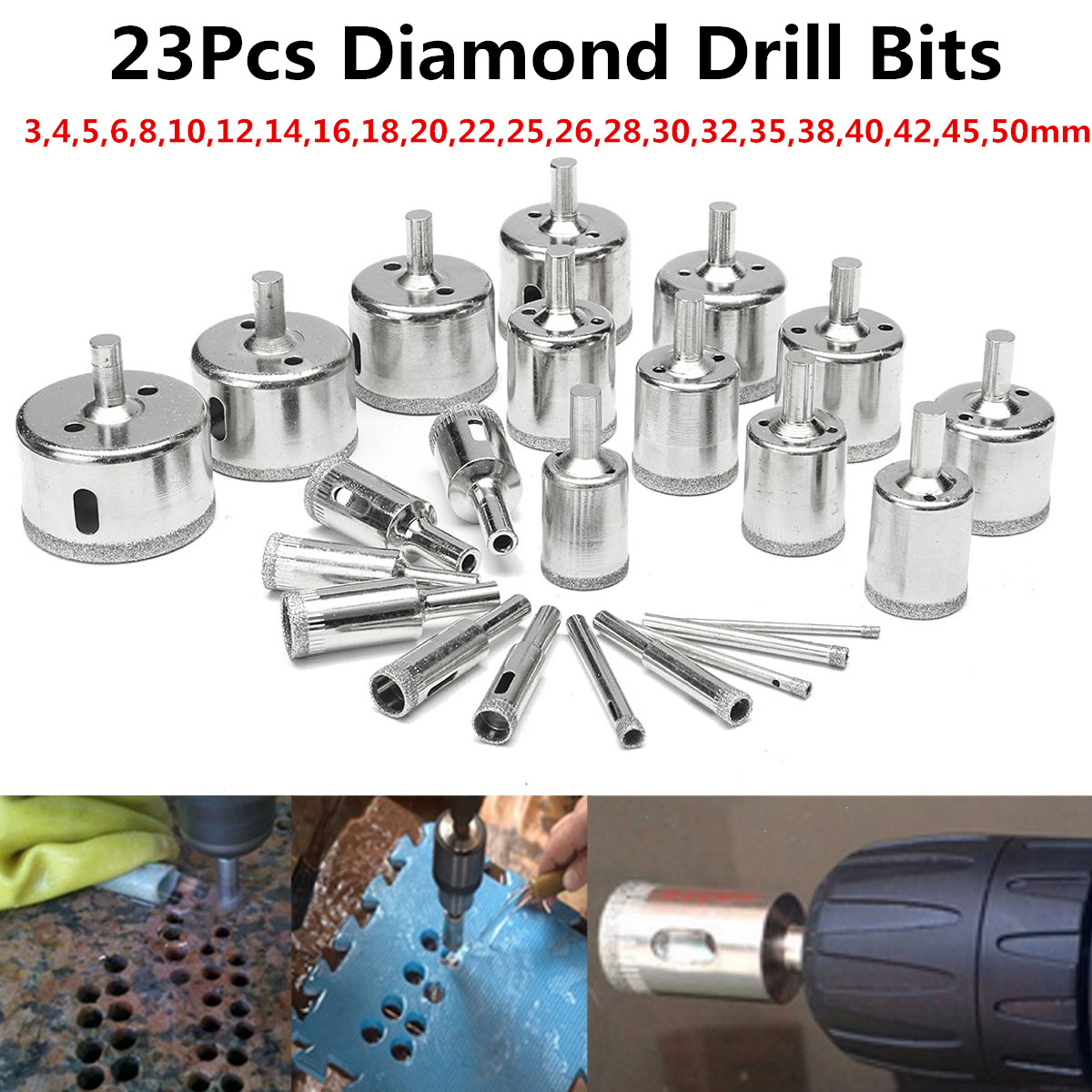 20Pcs 3-50mm Diamond Drill Bits Set Glass Marble Granite Hole Saw Cutters