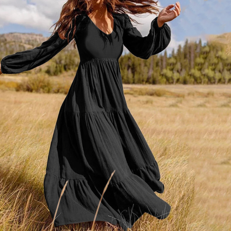 Oversize Women Stylish V-Neck Puff Sleeve Dress Patchwork
