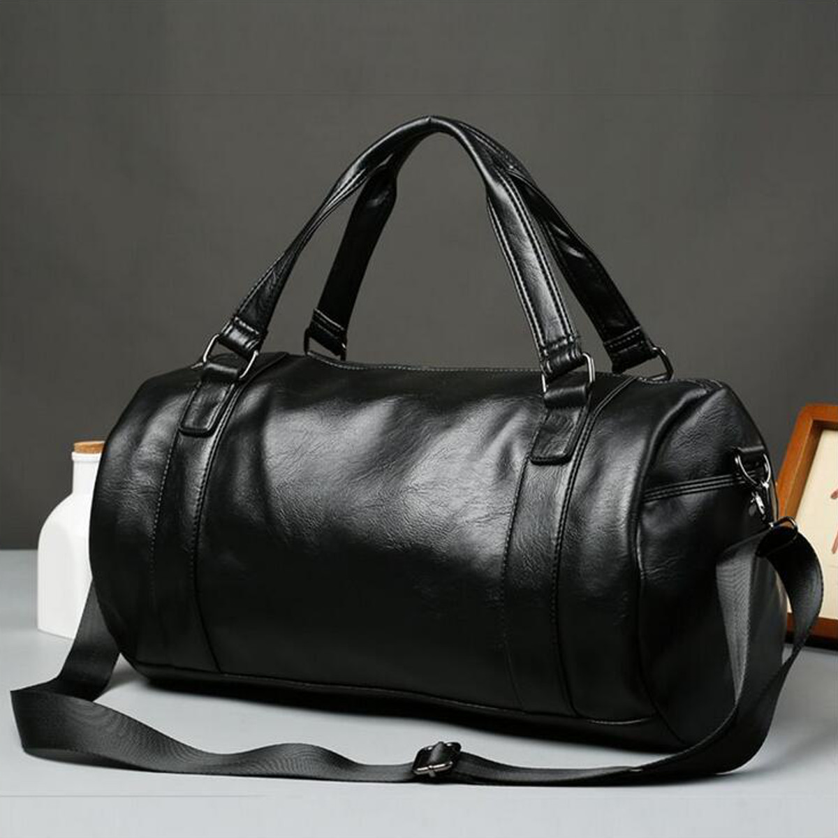 mens leather barrel bag