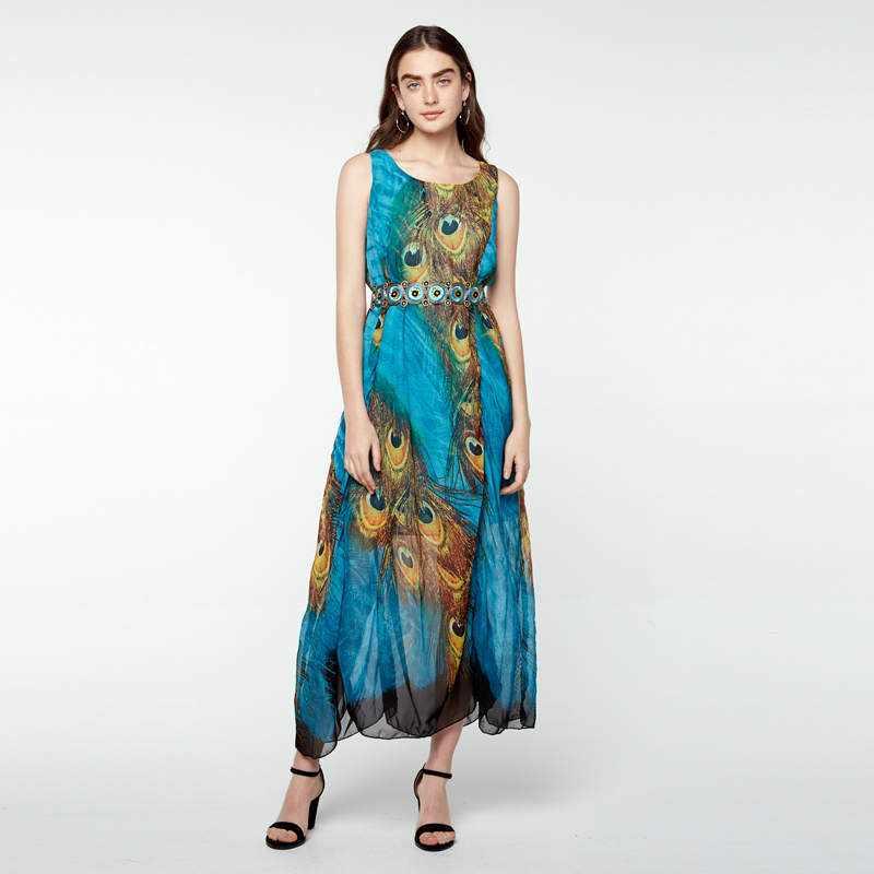 34-48 Boho Damen Peacock Chiffon Ärmellos Strand Kleider Sleeveless Floral Dress