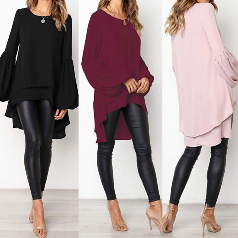 ZANZEA Damen Trompete Ärmel Langarm Asymmetrisch Tops Shirt Bluse Plus S-5XL