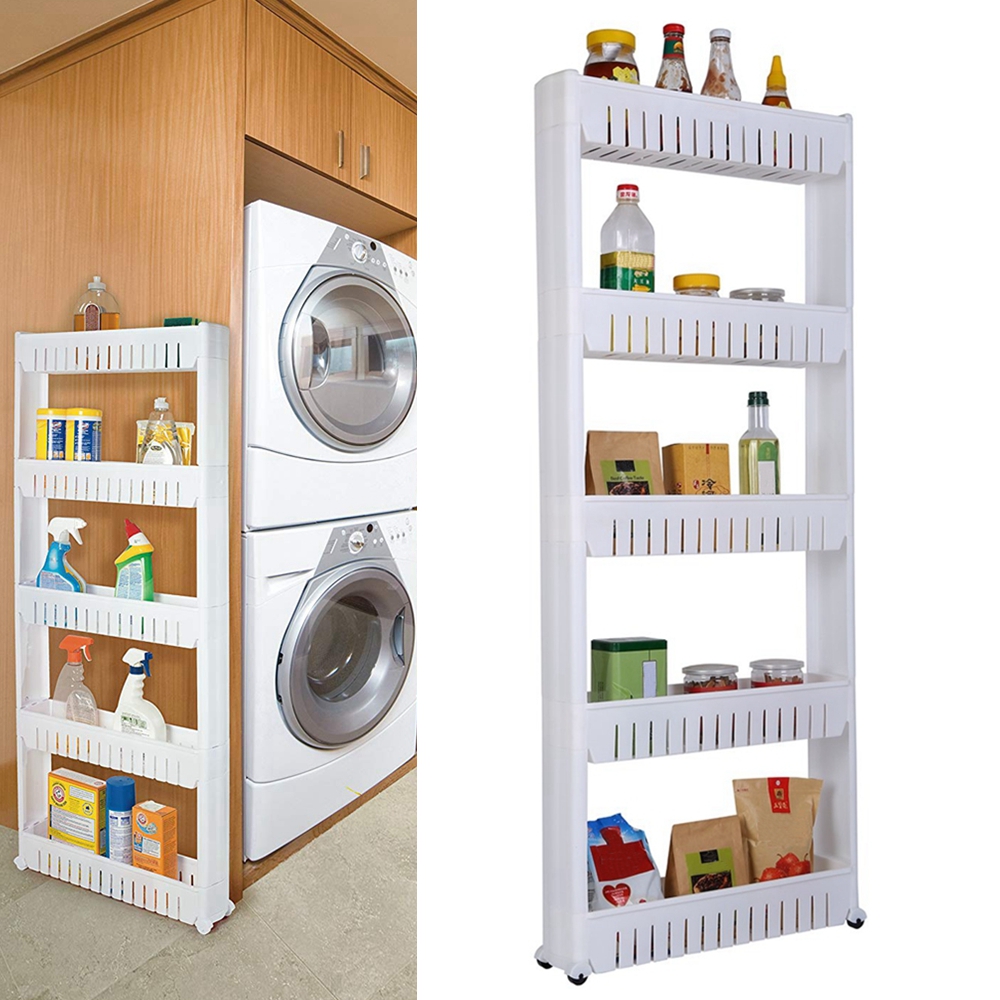 5 Tiers Slim Movable Shelf Storage Cabinet With Wheels Organize