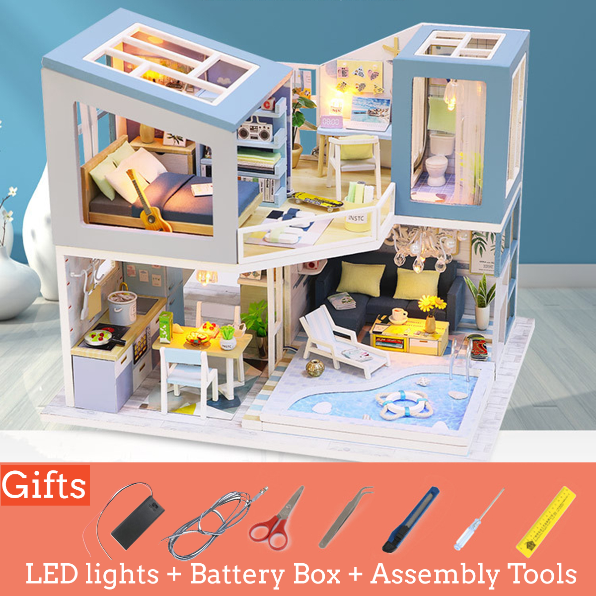 Puppenhaus Miniaturmöbel Kit mit LED-Licht Holz Sushi Shop House DIY Kinder