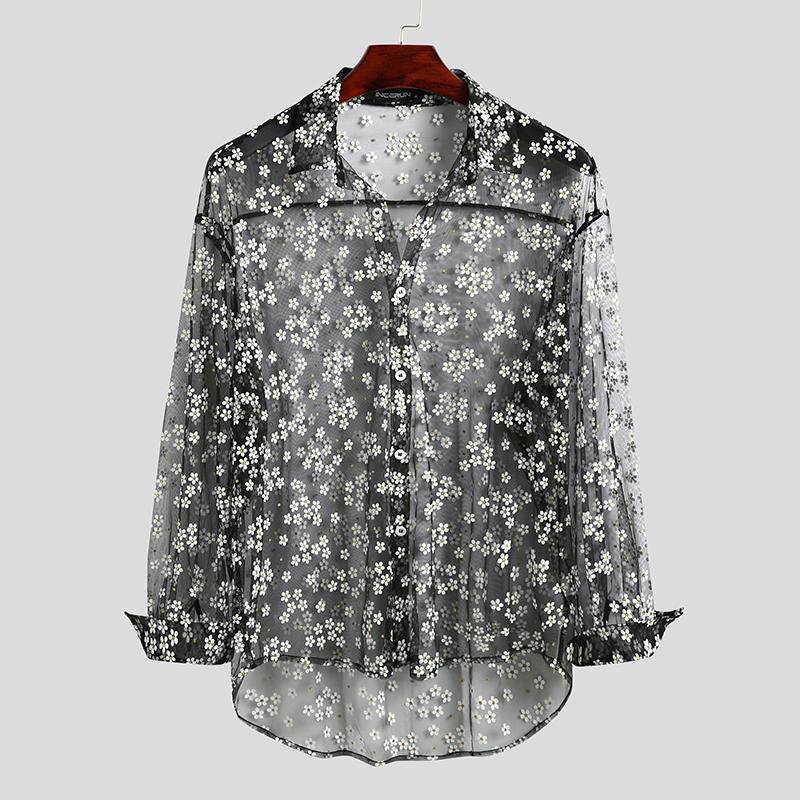 Men Mesh See Through Long Sleeve Floral Dress Shirts Fishnet Party Beach Top Tee - Picture 13 of 13