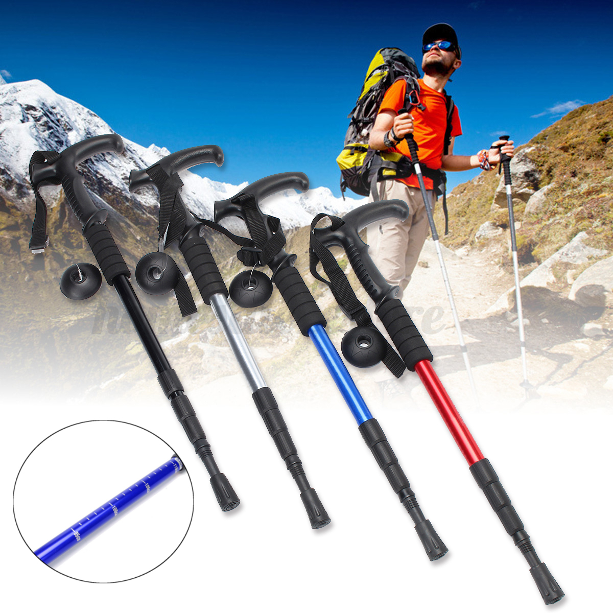 Durable Adjustable AntiShock Hiking Trekking Walking Pole Cane Stick Crutch