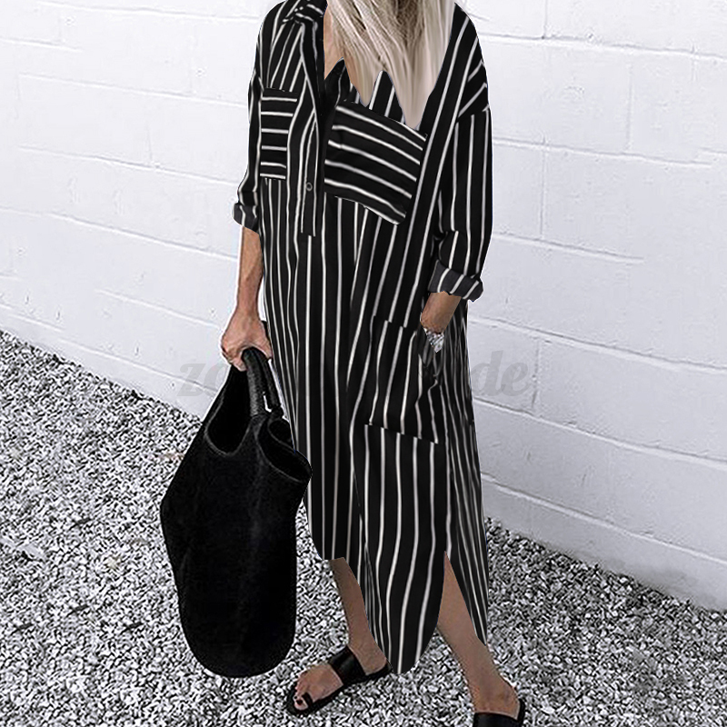 ZANZEA Women Striped Floral Leopard Long Sleeve Casual Loose Shirt Dress Plus - Picture 23 of 25