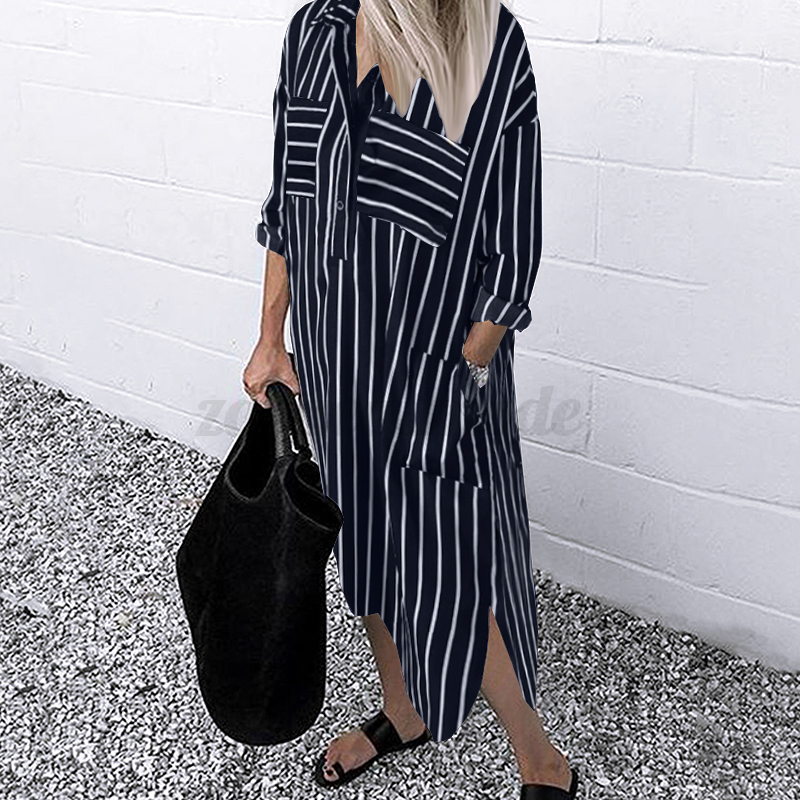 ZANZEA Women Striped Floral Leopard Long Sleeve Casual Loose Shirt Dress Plus - Picture 25 of 25