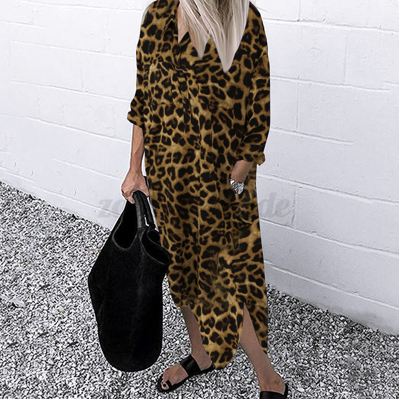ZANZEA Women Striped Floral Leopard Long Sleeve Casual Loose Shirt Dress Plus - Picture 21 of 25