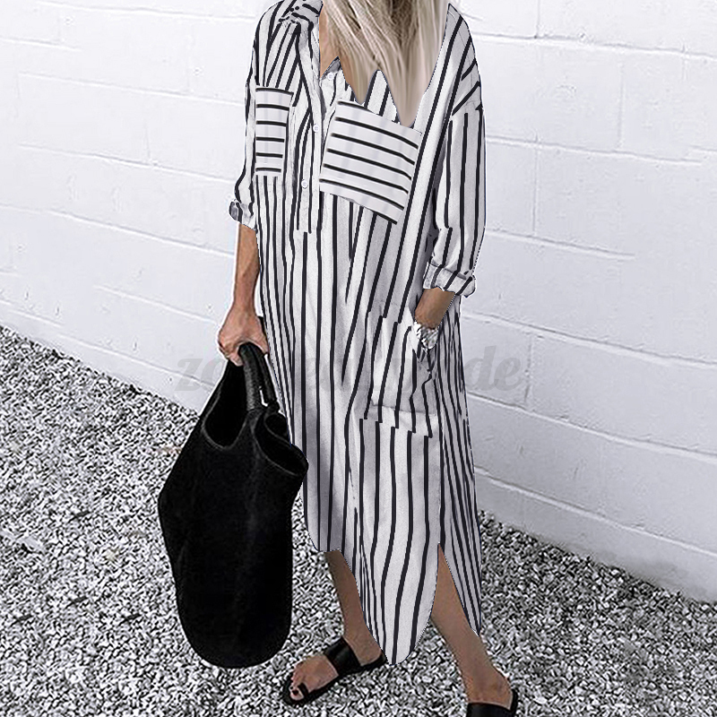 ZANZEA Women Striped Floral Leopard Long Sleeve Casual Loose Shirt Dress Plus - Picture 24 of 25