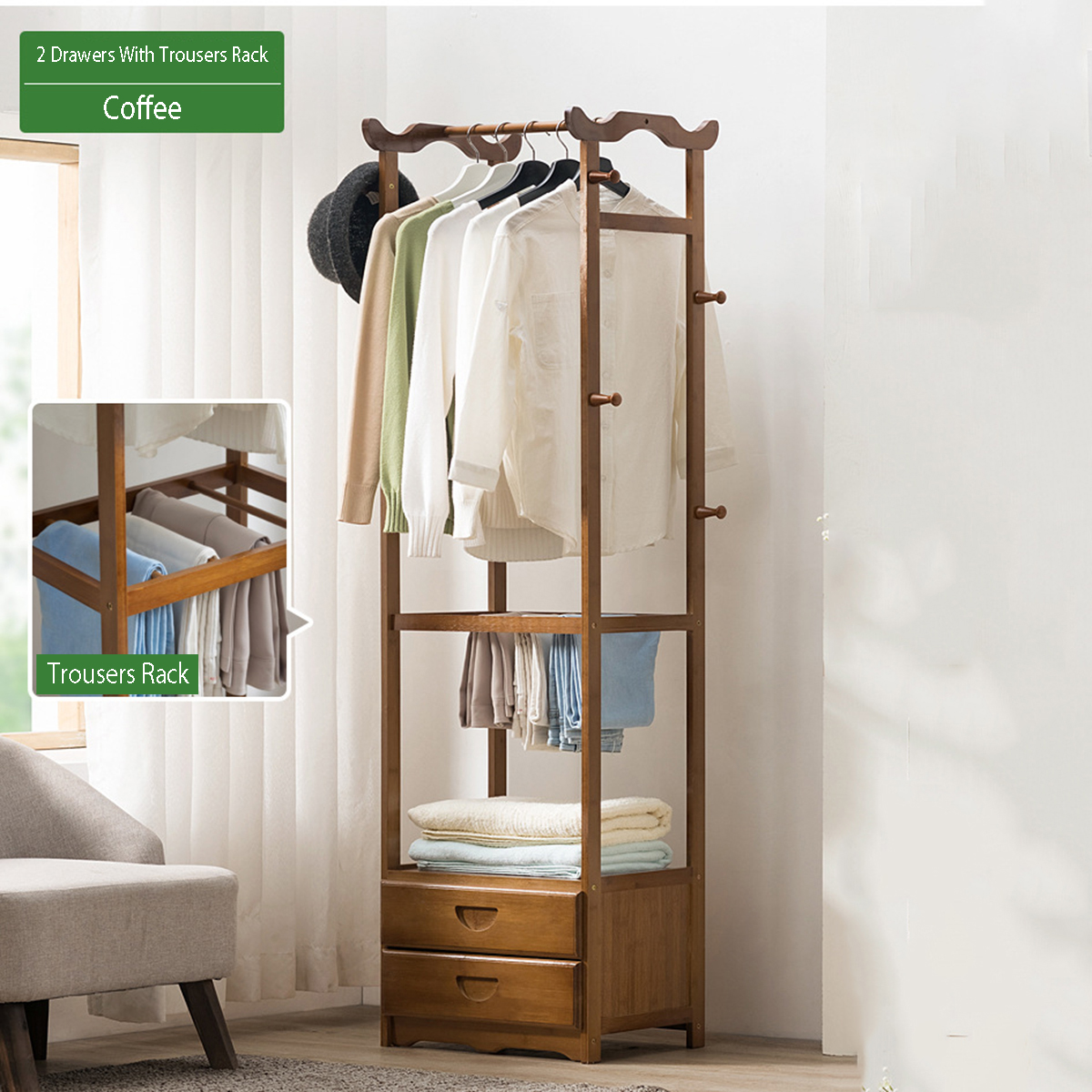 8 Hooks Tree 2 3 Drawer Coat Rack Wooden Clothes Hanging Stand