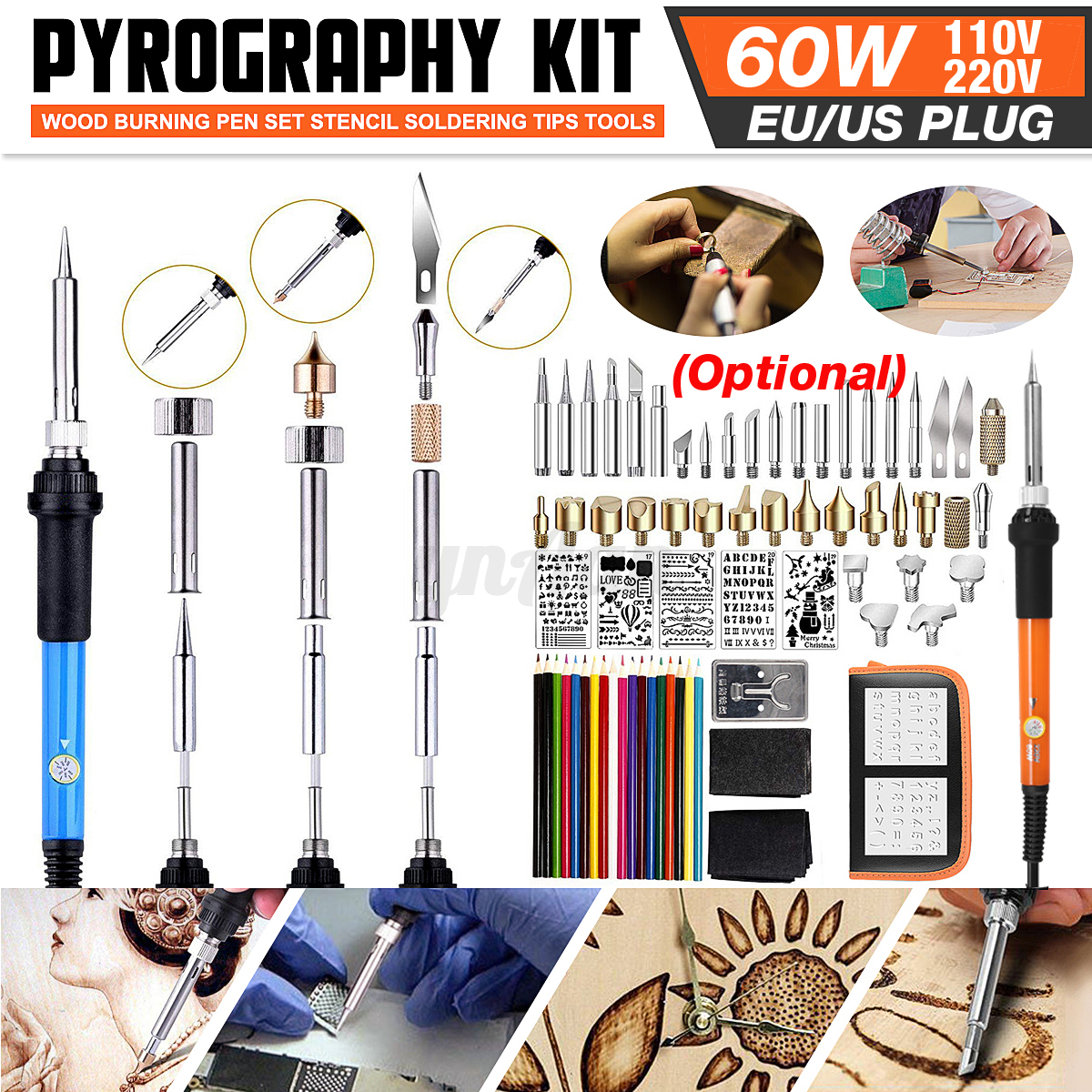 73PCS 60W Wood Burning Pen Soldering Tools Set Tips Stencil Pyrography Craft Kit