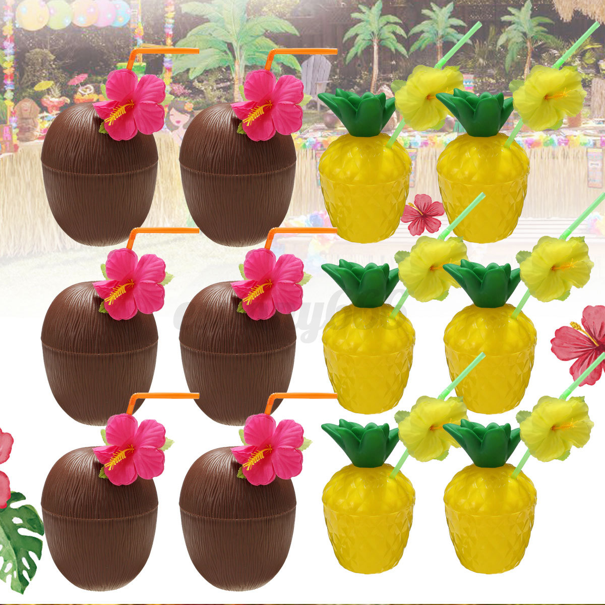 uk 6 12x hawaiian hula tropical plastic coconut cup pineapple beach