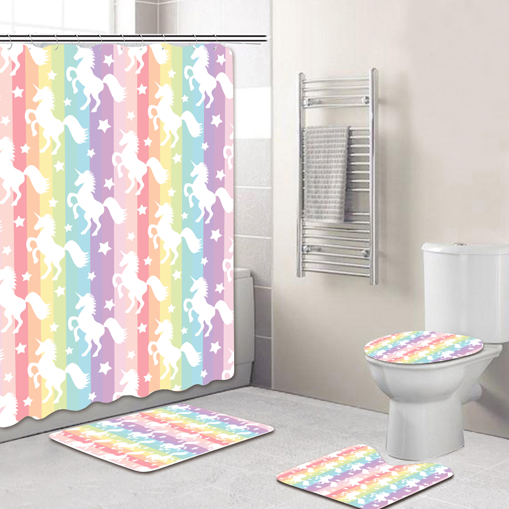 Details About 4pcs Shower Curtain Bathroom Non Slip Pedestal Rug Lid Toilet Cover Bath Mat Set