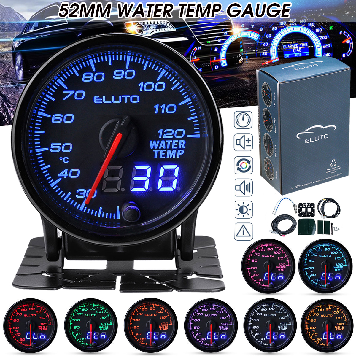 2/" 52MM Black Pointer Dial Car Truck Mount Water Temperature Gauge Meter 12V