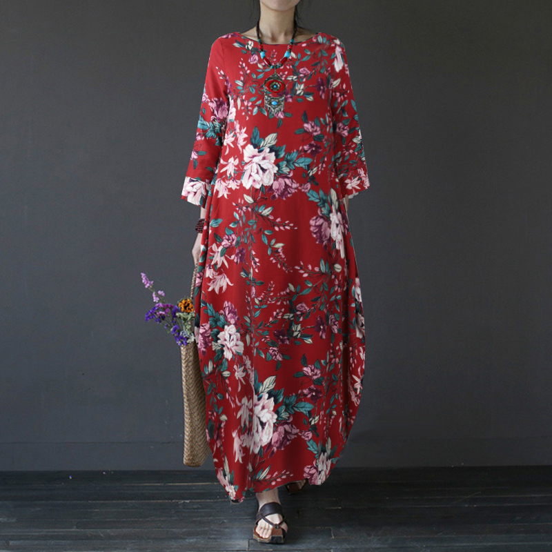 Maxi Vestido Largo UK Para Mujer Manga Larga Estampado Floral Informal Suelto Cóctel Fiesta - Imagen 14 de 28