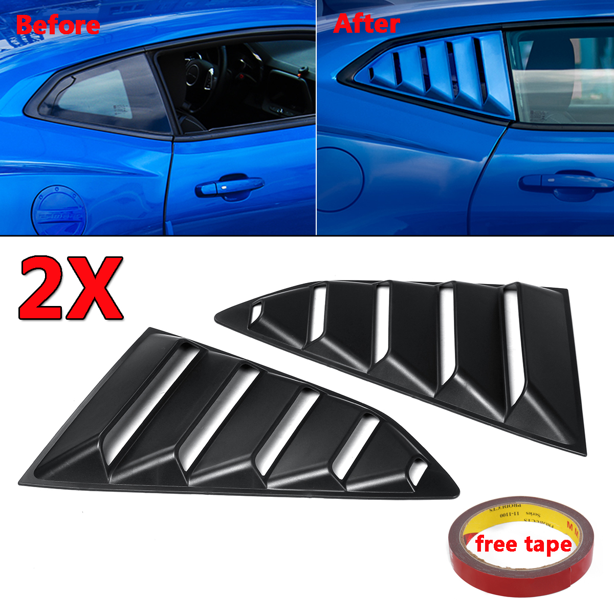 For 2016-2018 Chevy Camaro Matt Black Side Window 1//4 Quarter Louver Cover