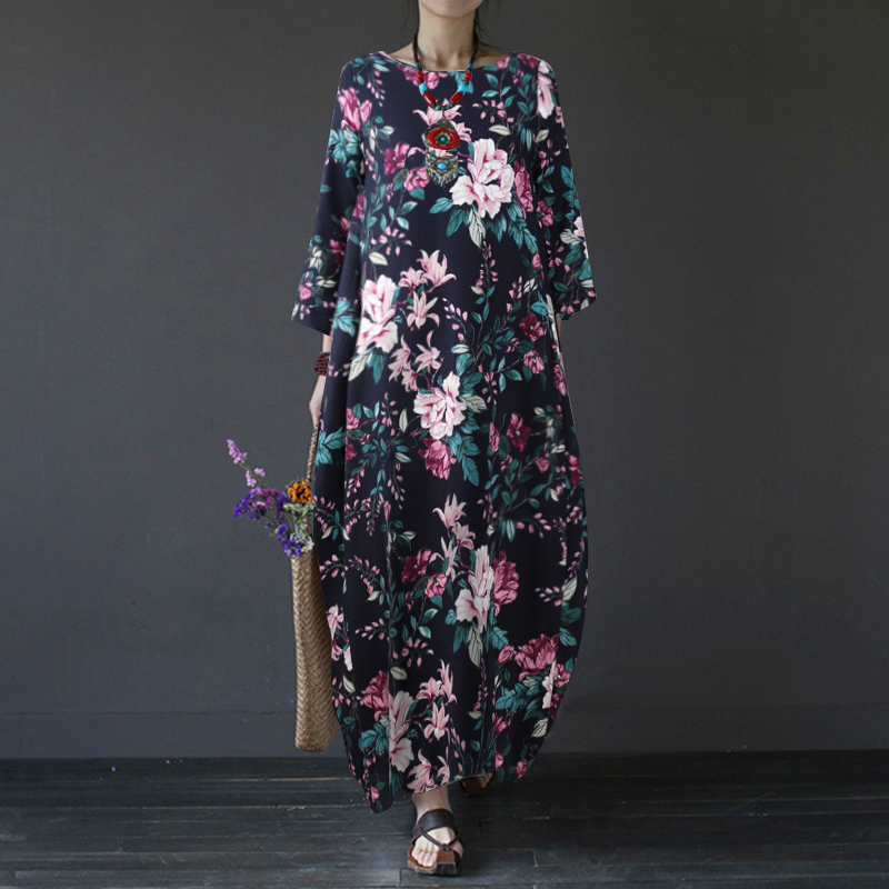 Maxi Vestido Largo UK Para Mujer Manga Larga Estampado Floral Informal Suelto Cóctel Fiesta - Imagen 13 de 28