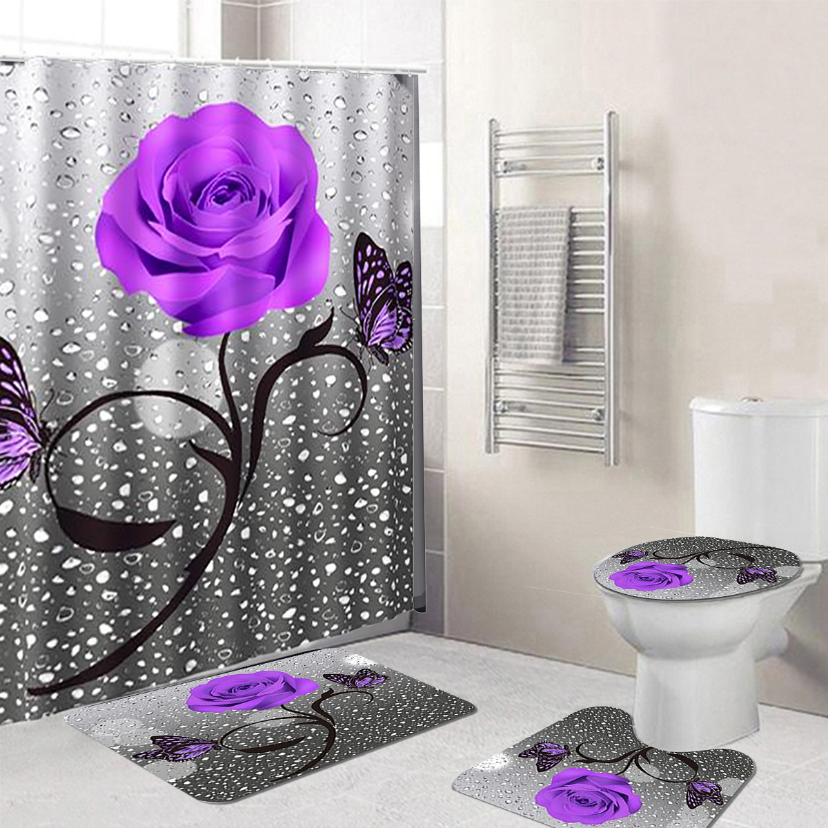 4Pcs Duschvorhang Badematte WC Deckel Badteppich Badvorleger Set mit 12