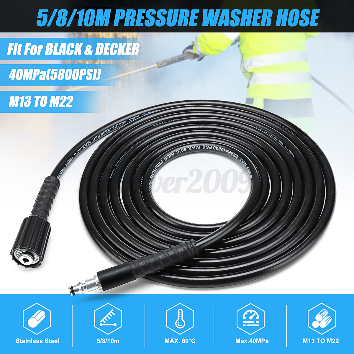 10m High Pressure Power Washer Clean Hose For Ar Blue Black