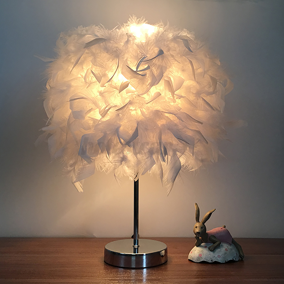 Details About Romantic White Feather Shade Table Lamp Vintage Elegant Bedside Desk Night Light