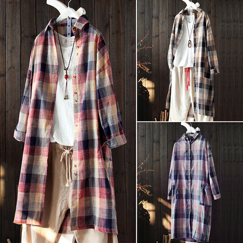 Damen Langarm Shirt Bluse Retro Lose Knopf Plaid Tartan Freizeit Kragen Hemd Top