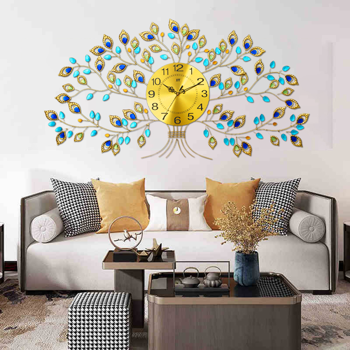 Large 60x58CM Stylish Modern Peacock Quartz Clock Room Mute Wall Xmas Decor ~