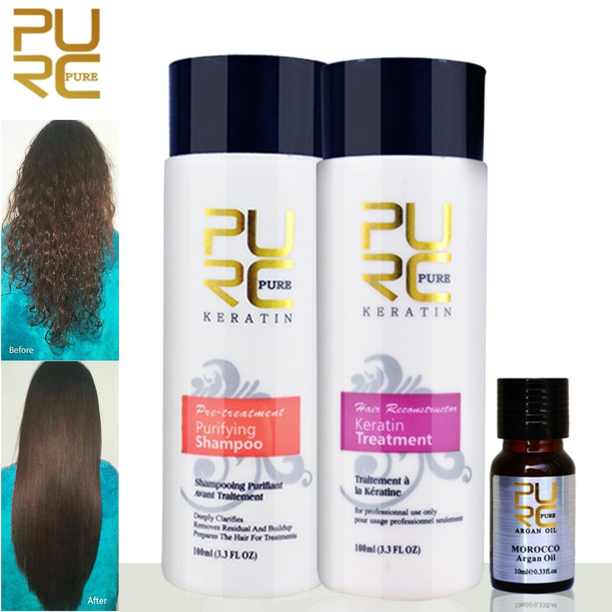 3pcs Pure Brazilian Keratin Hair Straightening Treatment Shampoo