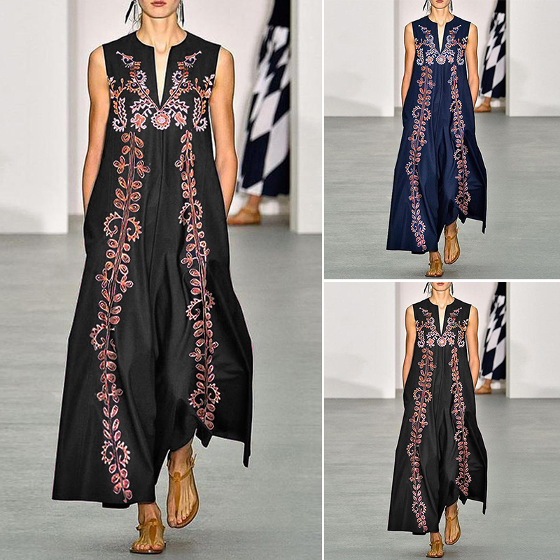 ZANZEA 8-24 Women Sleeveless Long Maxi Sundress Kaftan Cocktail Party Boho Dress