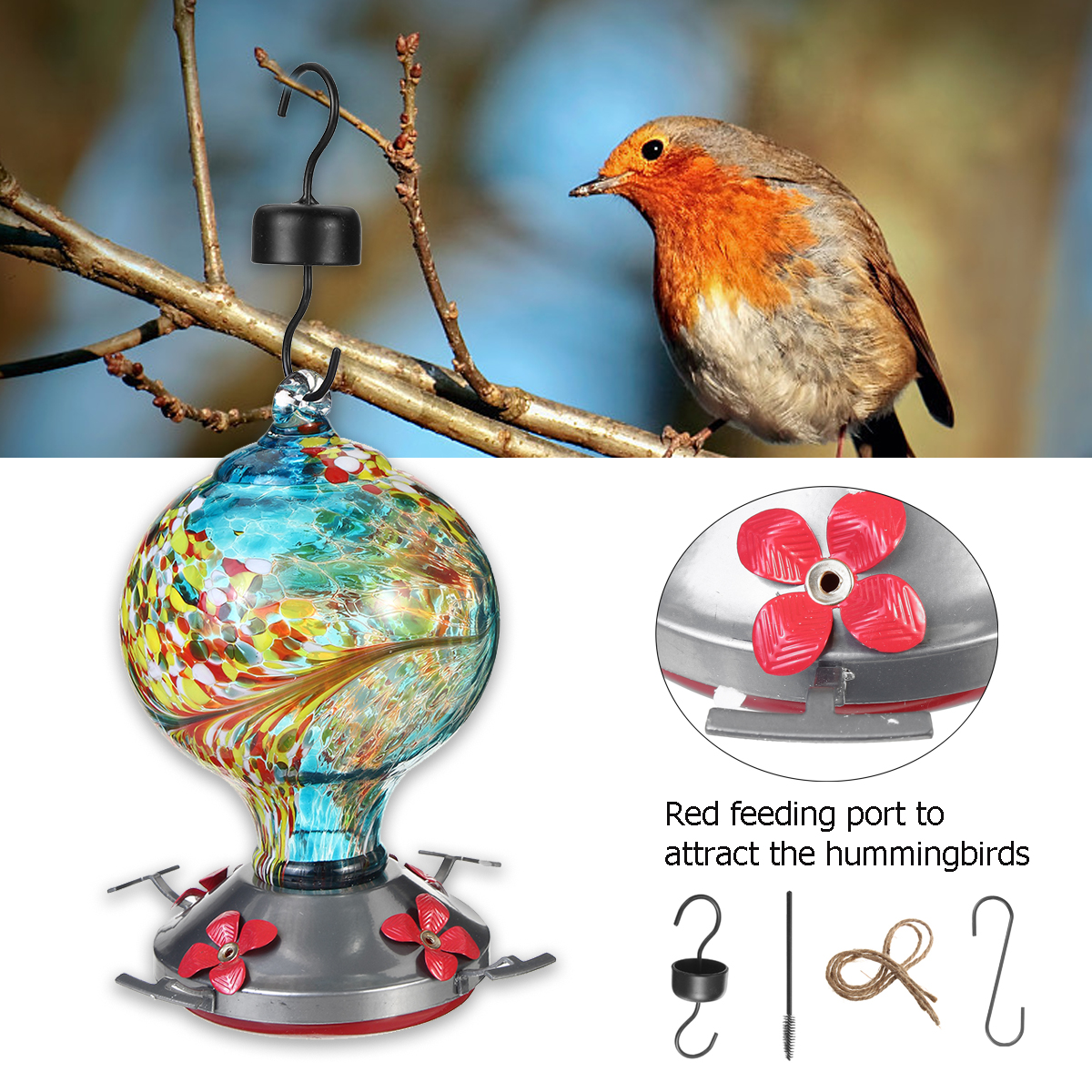 Glass Bird Water Feeder Tree Hummingbird Hanging Outdoor Wild Garden Yard Tool