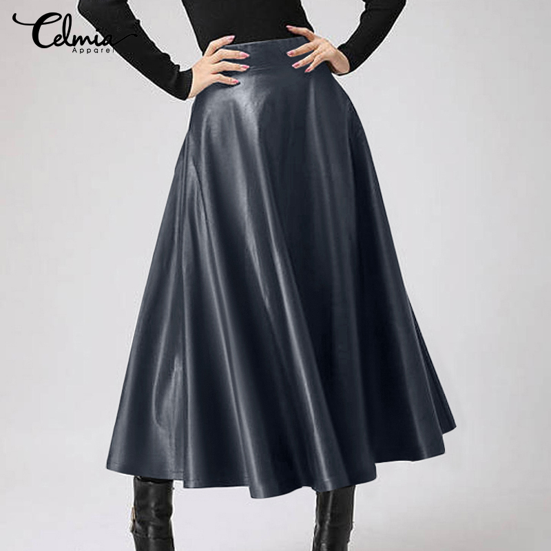 Women Casual Plus Size Long Maxi Dress Zip Waist Flared Swing Faux Leather Skirt Women Casual Plus Size Long Maxi Dress Zip Waist Flared Swing Faux Leather Skirt