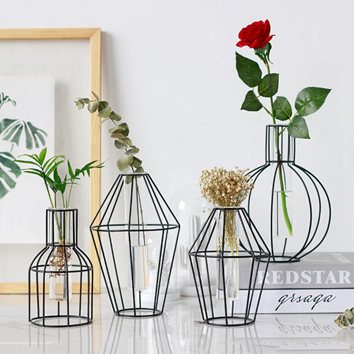 Metal Flower Test Tube Vase Hydroponic Transparent Glass Hanging