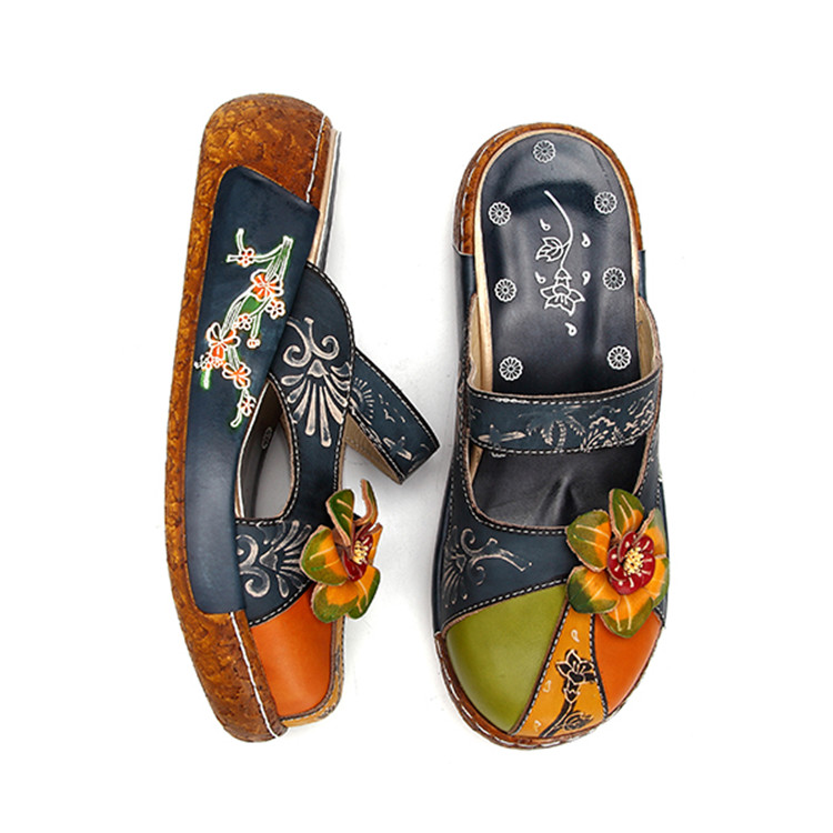 socofy vintage colorful leather hollow out backless flower shoes