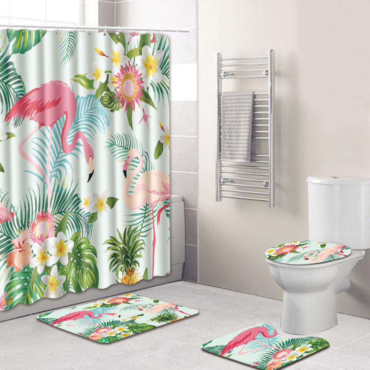 Details About 4pcs Bathroom Flamingo Shower Curtain Pedestal Rug Lid Toilet Cover Bath Mat Set
