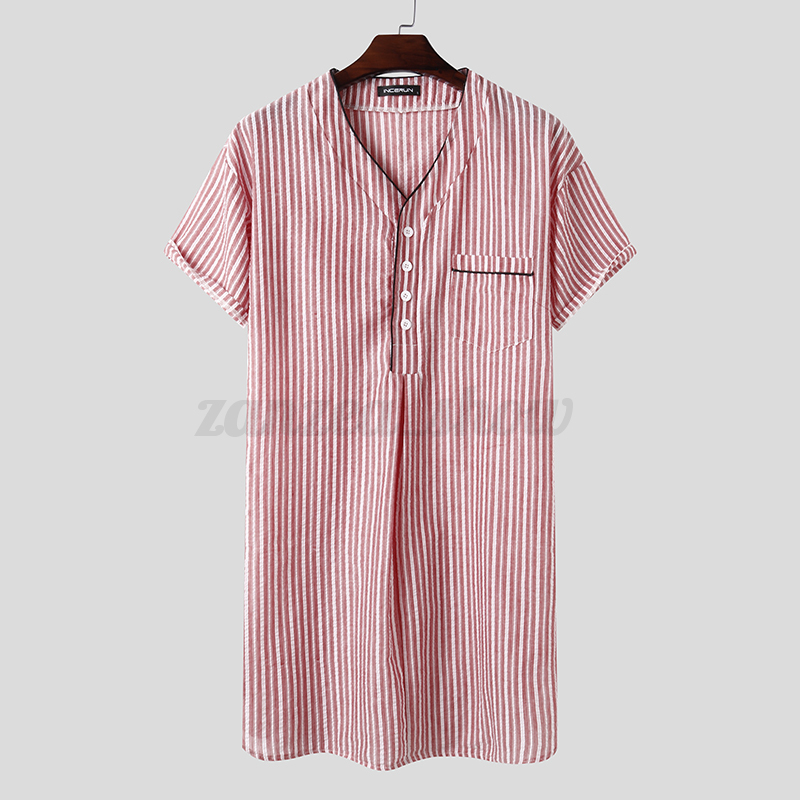 Camisón a rayas de manga corta para hombre Ropa para dormir Ropa para el hogar Ropa de descanso Bata Verano - Imagen 15 de 15