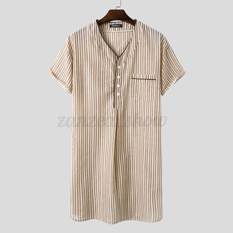 Camisón a rayas de manga corta para hombre Ropa para dormir Ropa para el hogar Ropa de descanso Bata Verano - Imagen 14 de 15