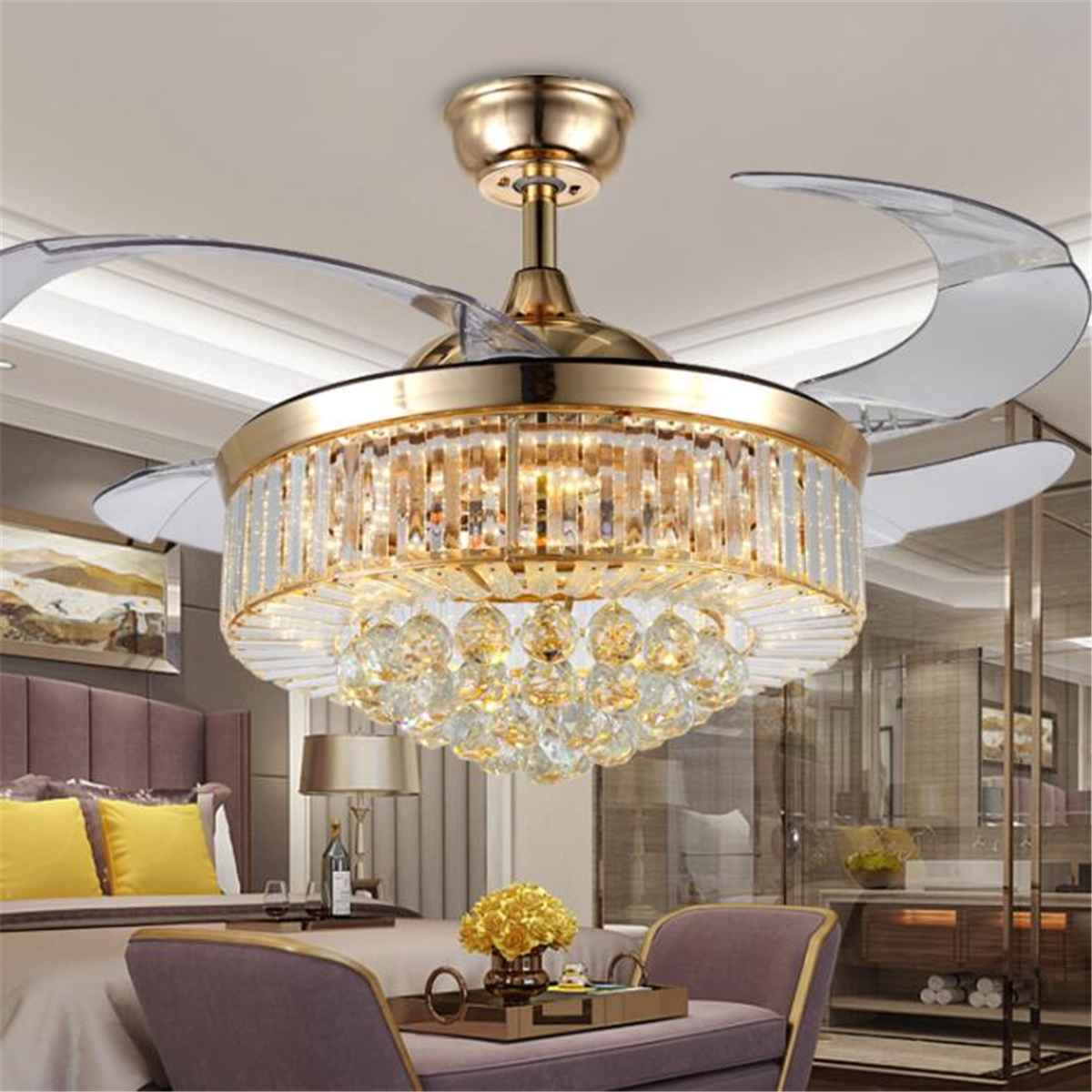 Details About 42 Crystal Retractable Blade Acrylic Ceiling Fan Light Lamp With Remote Control