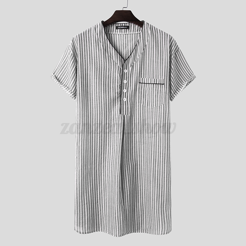 Camisón a rayas de manga corta para hombre Ropa para dormir Ropa para el hogar Ropa de descanso Bata Verano - Imagen 13 de 15