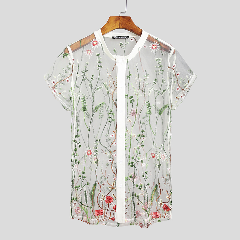 Hombres Sexy Mangas Cortas Ver A través Floral Malla Camisa Músculo Fiesta Blusa Prendas para el torso Camisetas - Imagen 14 de 14