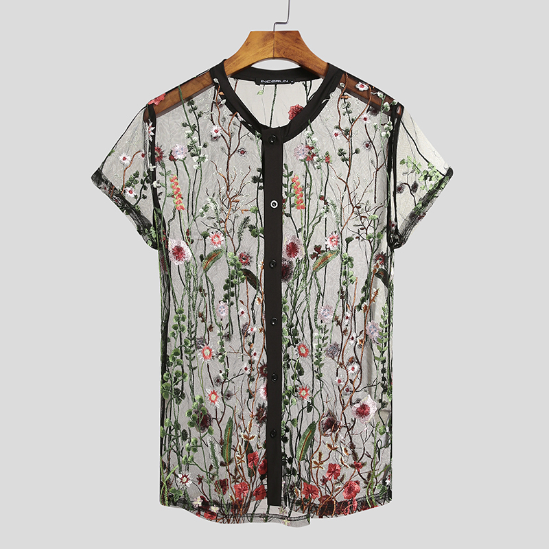 Men Sexy Short Sleeve See Through Floral Mesh Shirt Muscle