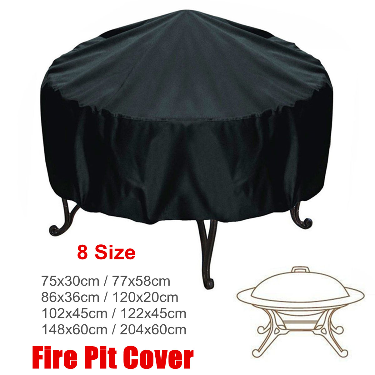 8 Size Black Round Fire Pit Cover Waterproof Grill Bbq Cooking