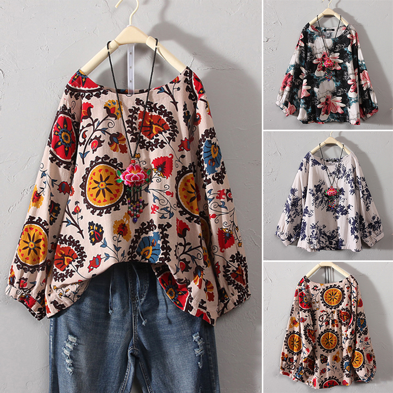 ZANZEA Damen Kurzarm Literarisch Floral Bluse Hemd Lose Sommer Knopf Tops Shirts