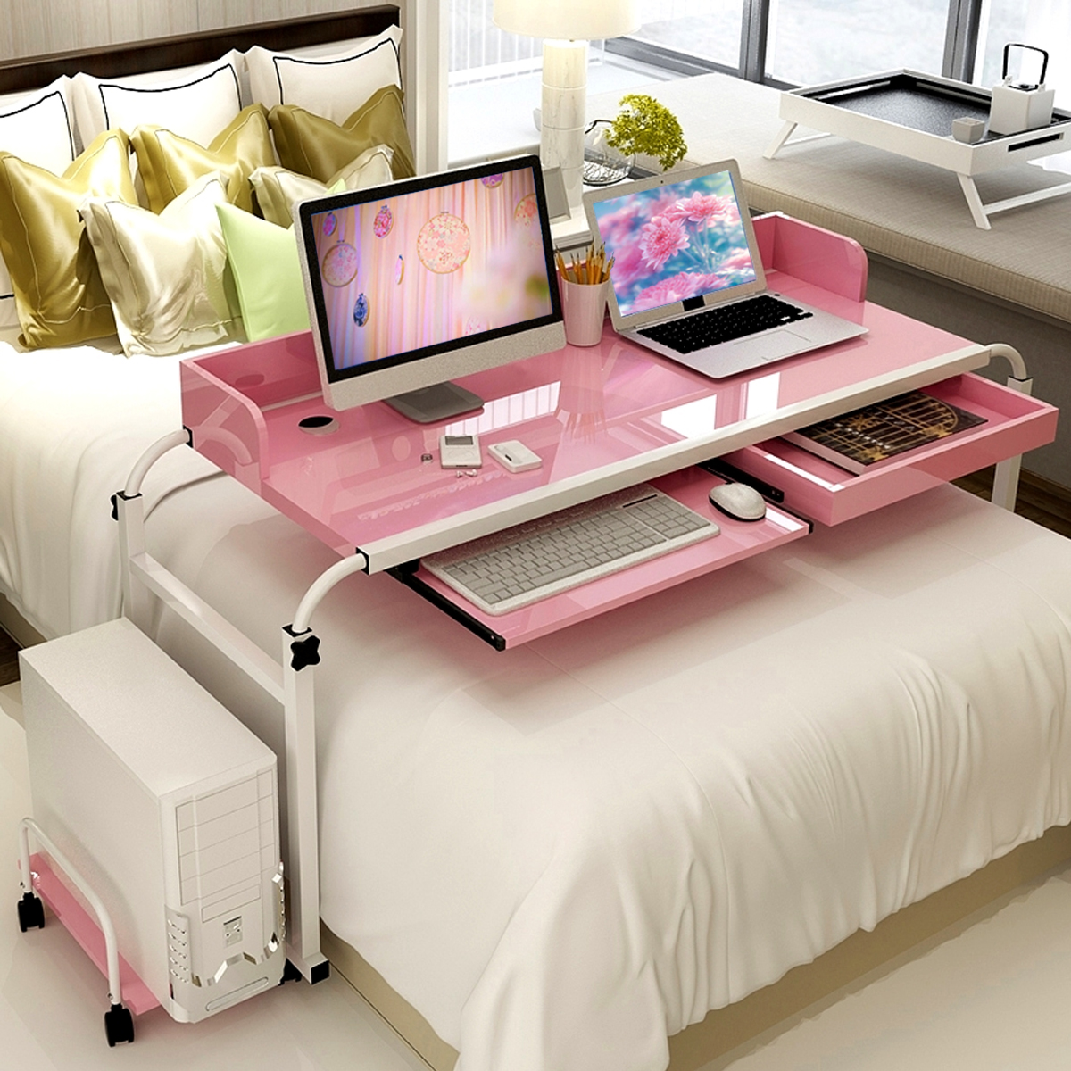 2 Person Mobile Over Bed Table Computer Desk Home Office Working 2 Person Mobile Over Bed Table Computer Desk