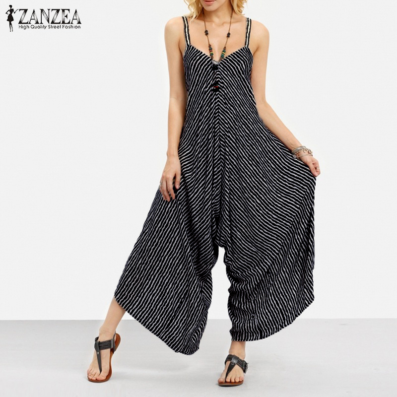 Wofupowga Womens Sleeveless V-Neck Striped Wide Leg Rompers Jumpsuits