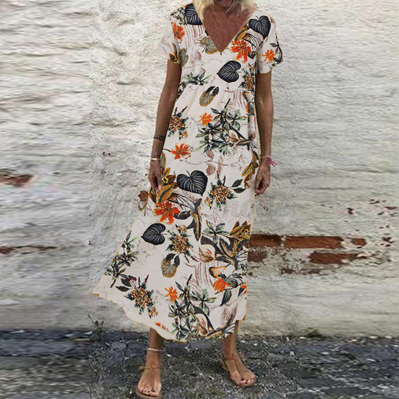 Mujeres Verano Manga Corta Cuello en V Floral Estampado Vestido Largo Vacaciones Playa Solero - Imagen 31 de 43